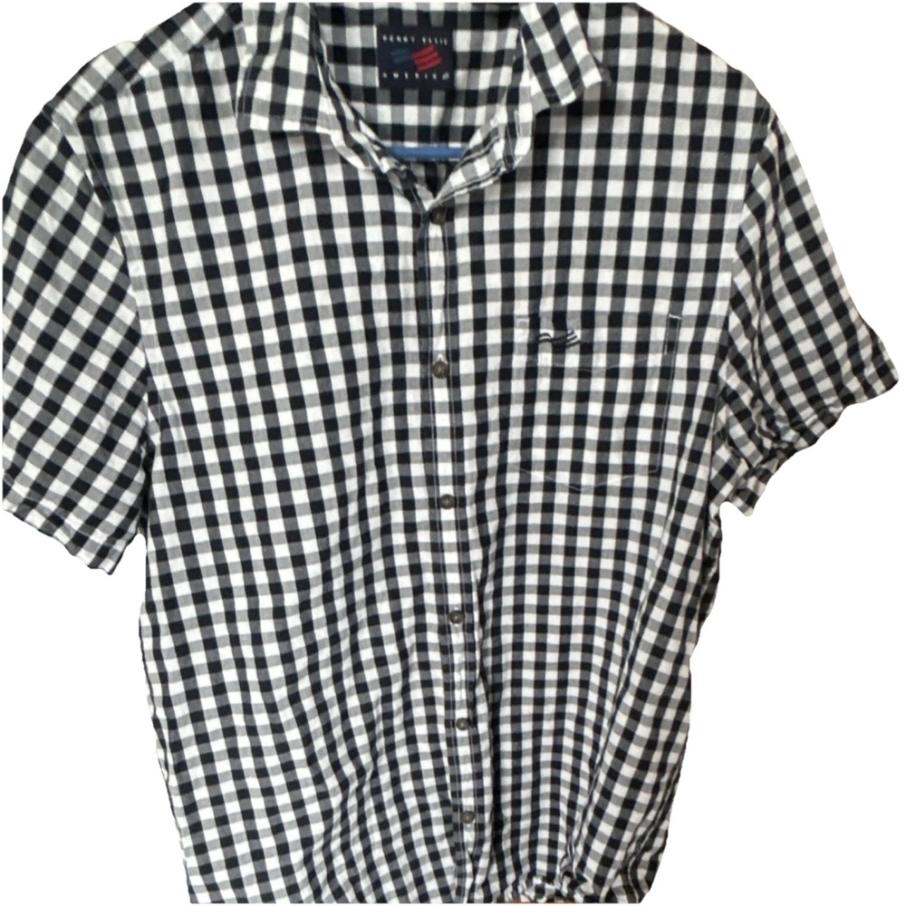 Perry Ellis Classic Men's Navy Blue & White Short Sleeve  Button-Up Shirt Size L